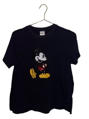 Disney Sequins Black Mickey Mouse Graphic Tee Size Small P2P 22"